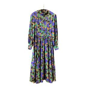 Vintage Howard Wolf pleated long sleeve retro blue black green leaf midi Dress